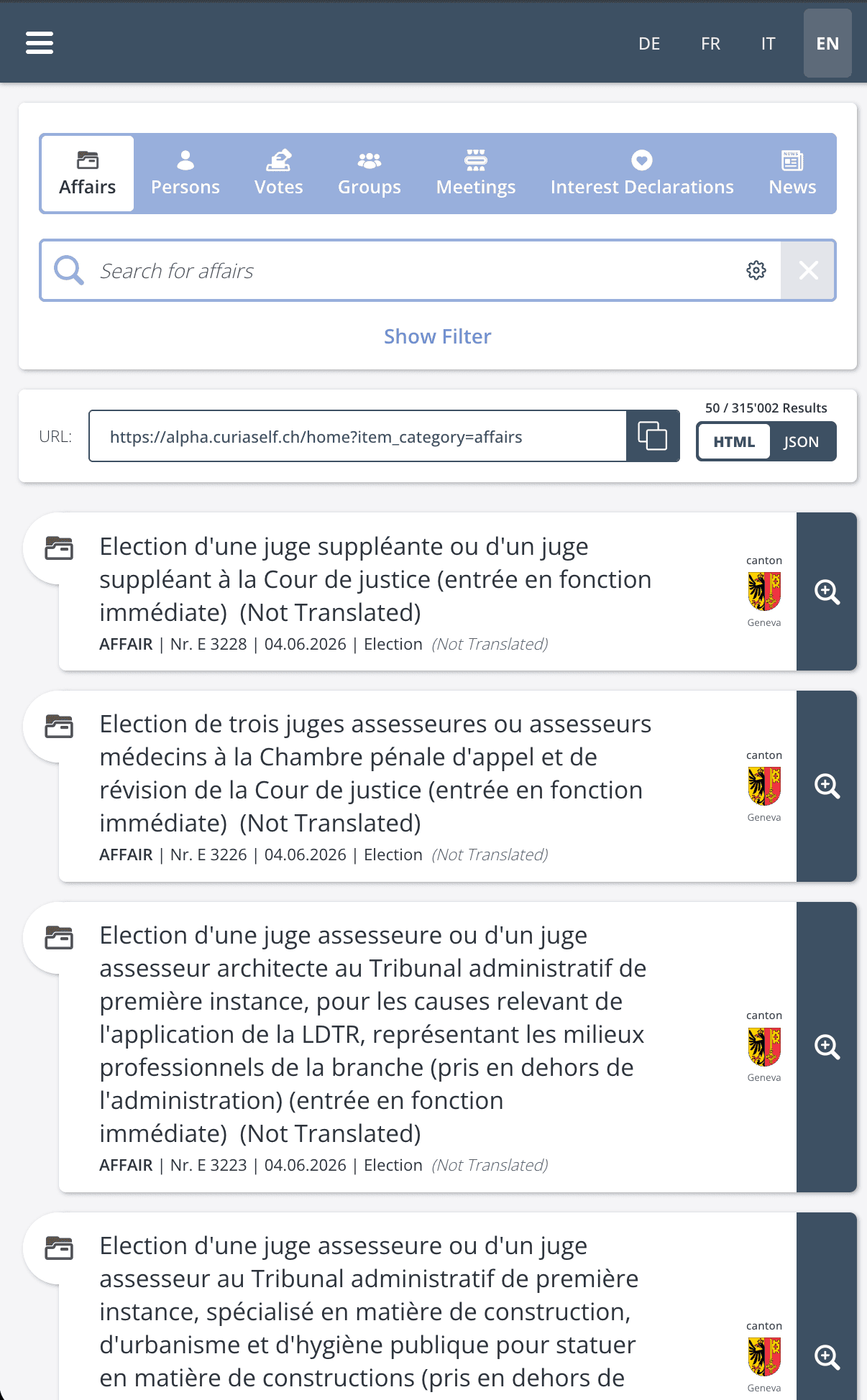 CuriaSelf legislative affairs search interface