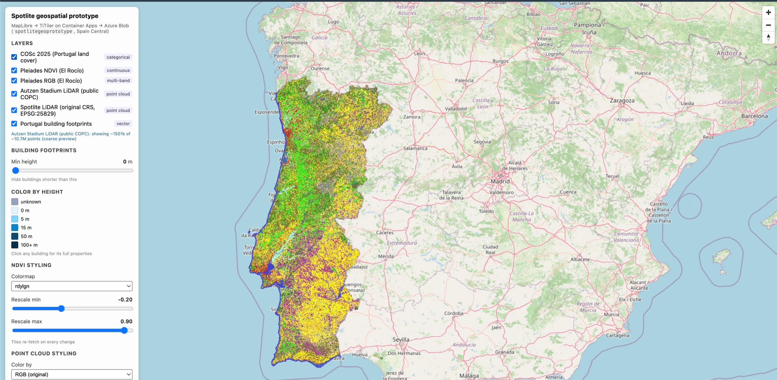 Spotlite geospatial map viewer showing LiDAR layers over Portugal